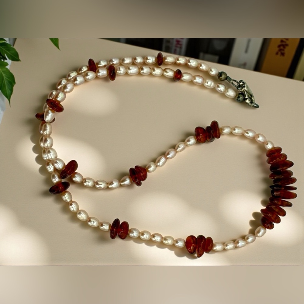 Genuine Amber & Freshwater Pearl Necklace – 18” - Picture 11 of 17